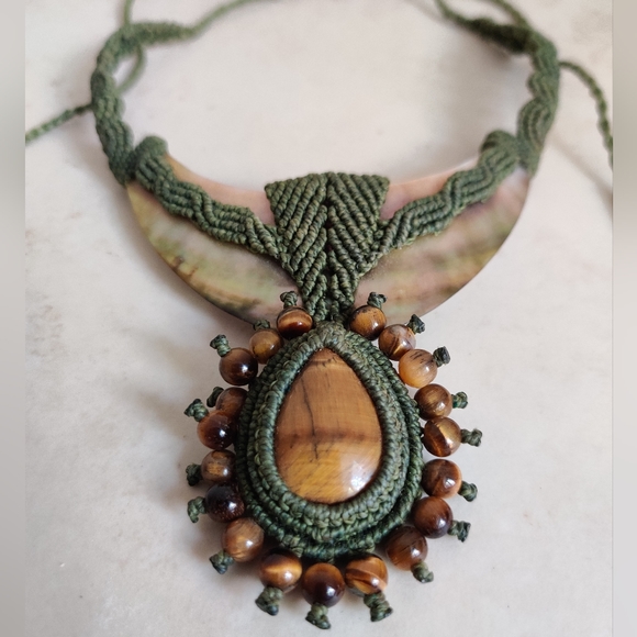 OOAK Artisan Macrame Necklace with Genuine Mother of Pearl and Tiger Eye Stones - Picture 1 of 13